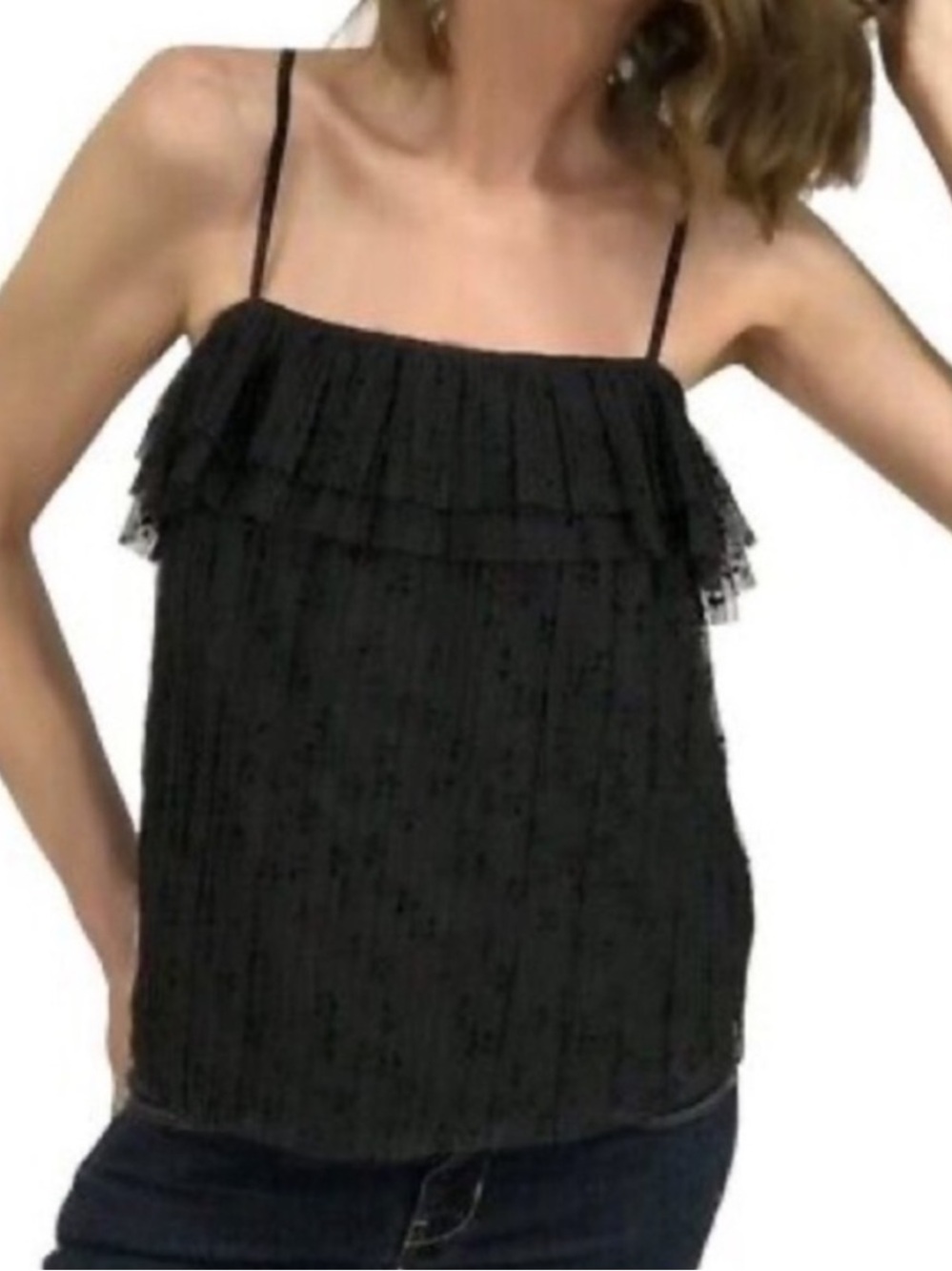 J.Crew Fluttery Lace Cami Sz XS $88 Black Tulle Mesh Top Ruffled Tank Whimsigoth